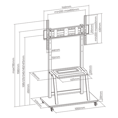 Dimension drawing of the Lumi T1035ME TV cart showing overall size and mounting dimensions