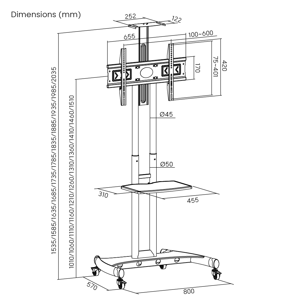 Dimension drawing of the Lumi T1037ME TV cart showing overall size and mounting dimensions