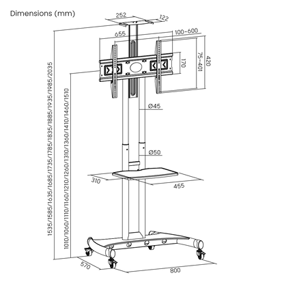 Dimension drawing of the Lumi T1037ME TV cart showing overall size and mounting dimensions