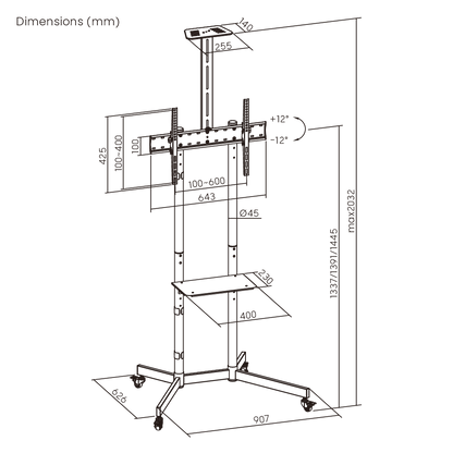 Dimension drawing of the Lumi T1042T TV cart showing overall size and mounting dimensions
