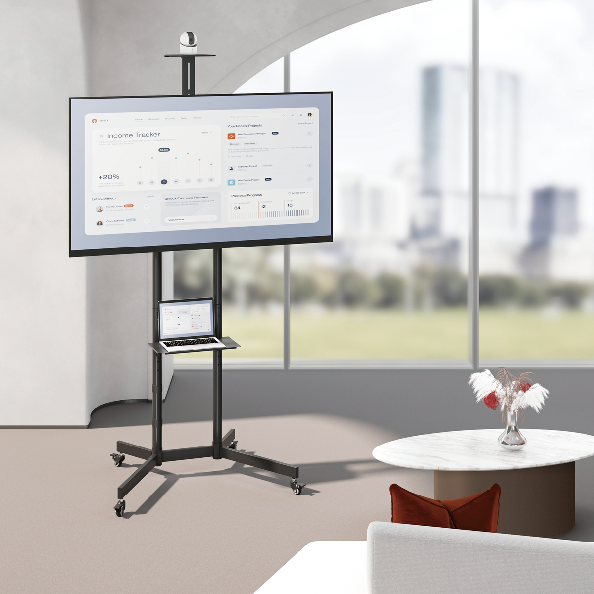Lumi T1042T TV cart installed with a TV in a meeting or classroom setting