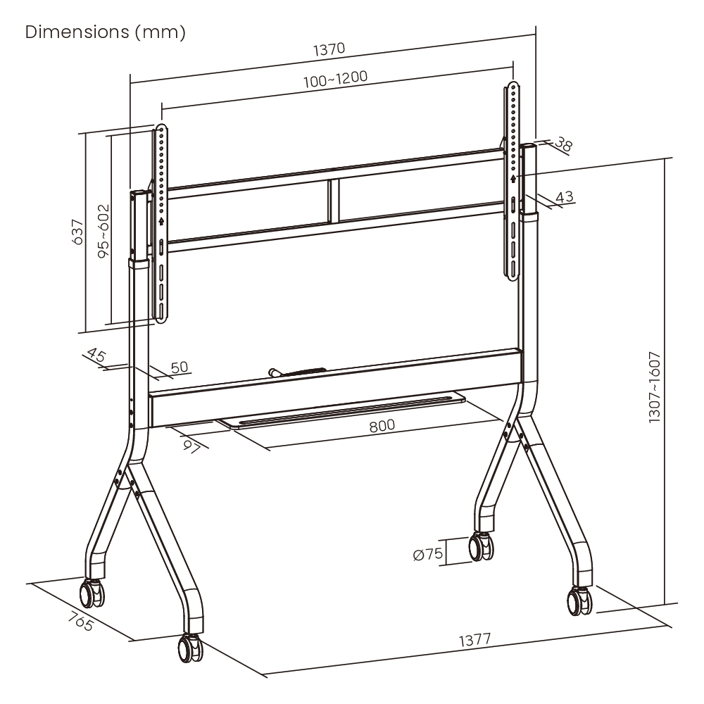 Dimension drawing of the Lumi TTF19H-612FW crank adjustable TV cart showing overall size and mounting dimensions