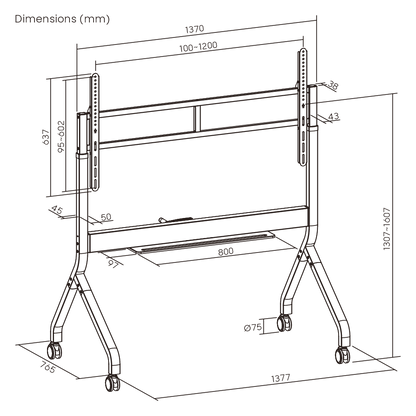 Dimension drawing of the Lumi TTF19H-612FW crank adjustable TV cart showing overall size and mounting dimensions