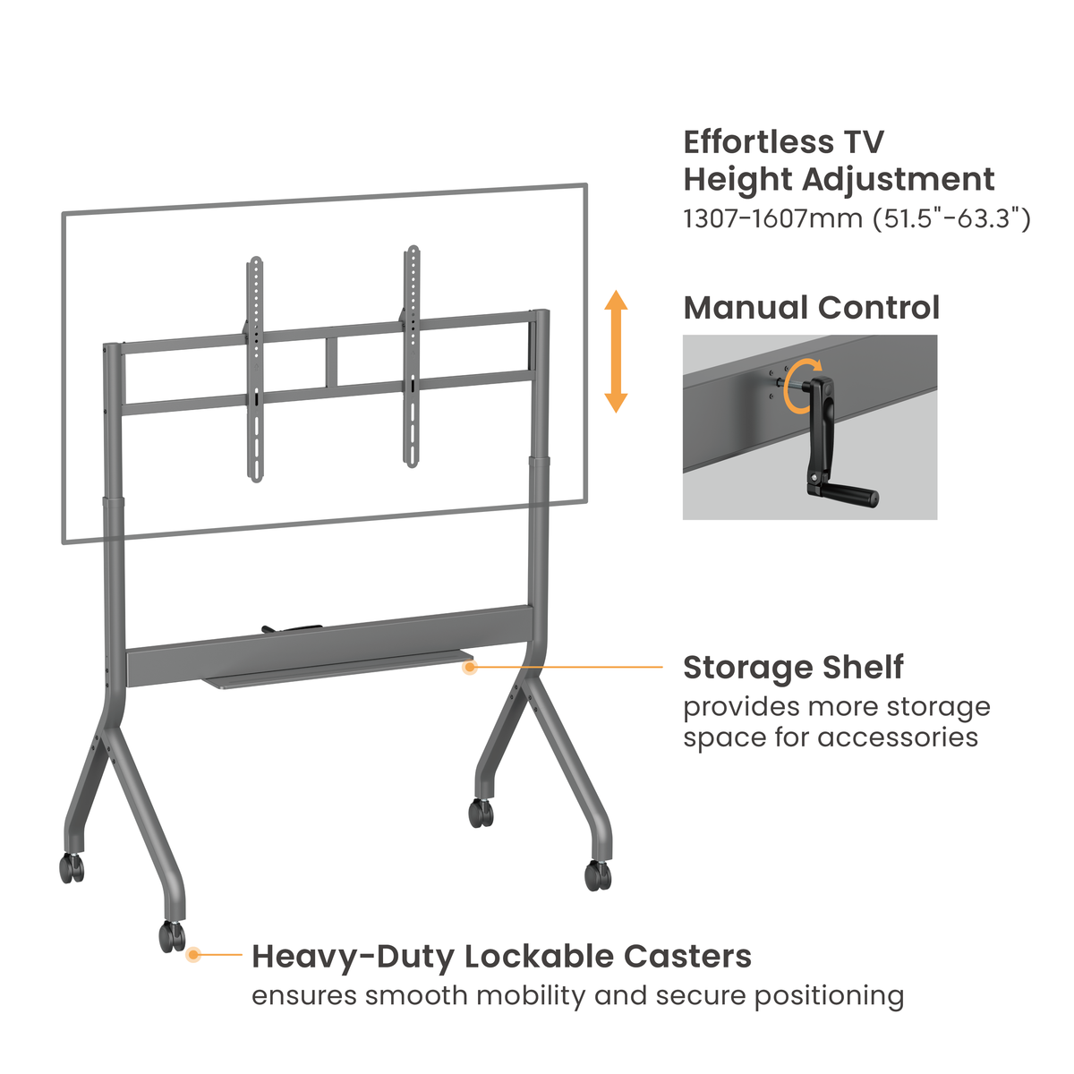 Lumi TTF19H-612FW crank adjustable TV cart showing the height adjustment
