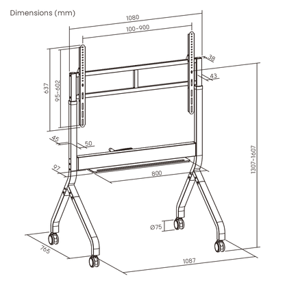 Dimension drawing of the Lumi TTF19H-69FW crank adjustable TV cart showing overall size and mounting dimensions