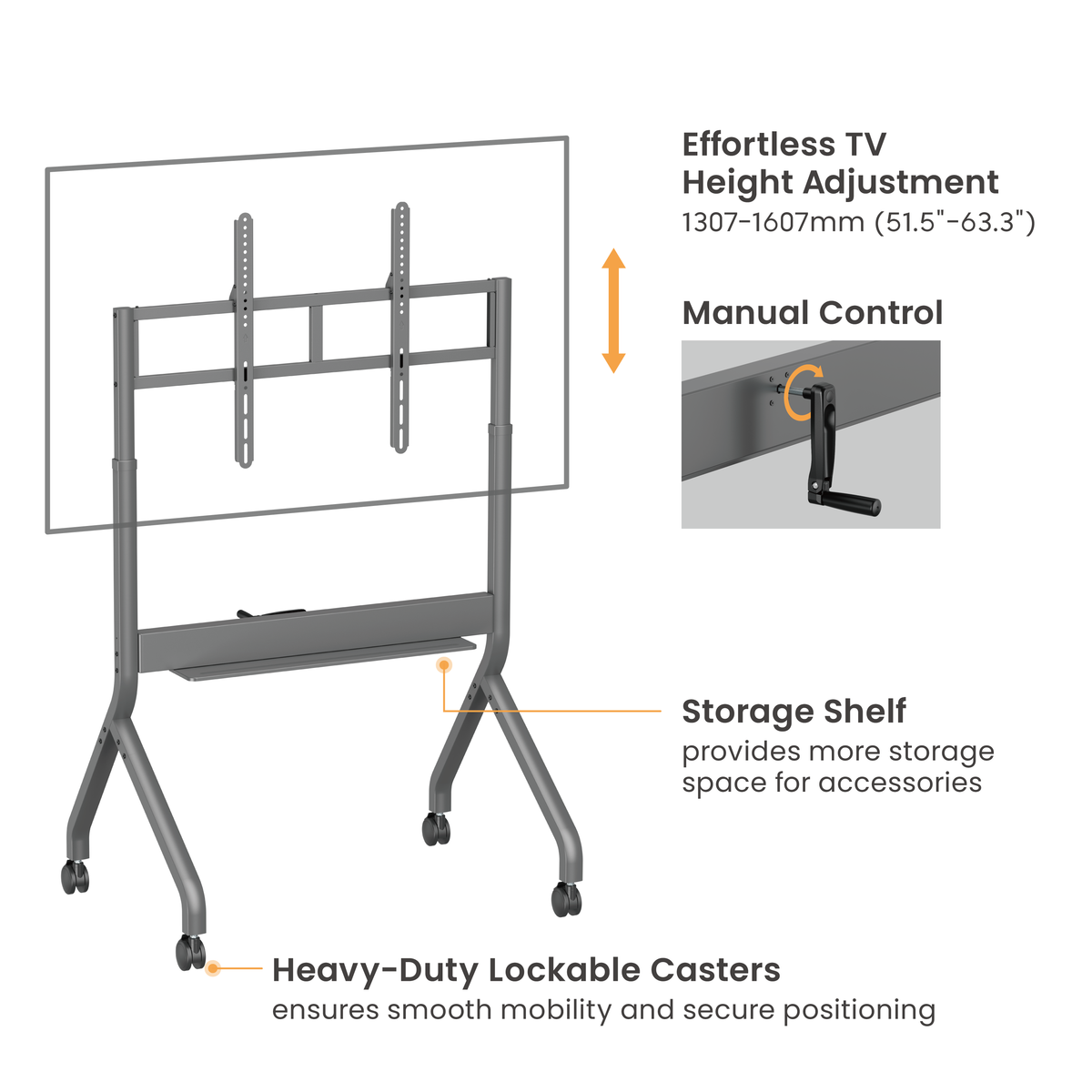 Lumi TTF19H-69FW crank adjustable TV cart showing the height adjustment