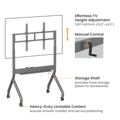 Lumi TTF19H-69FW crank adjustable TV cart showing the height adjustment