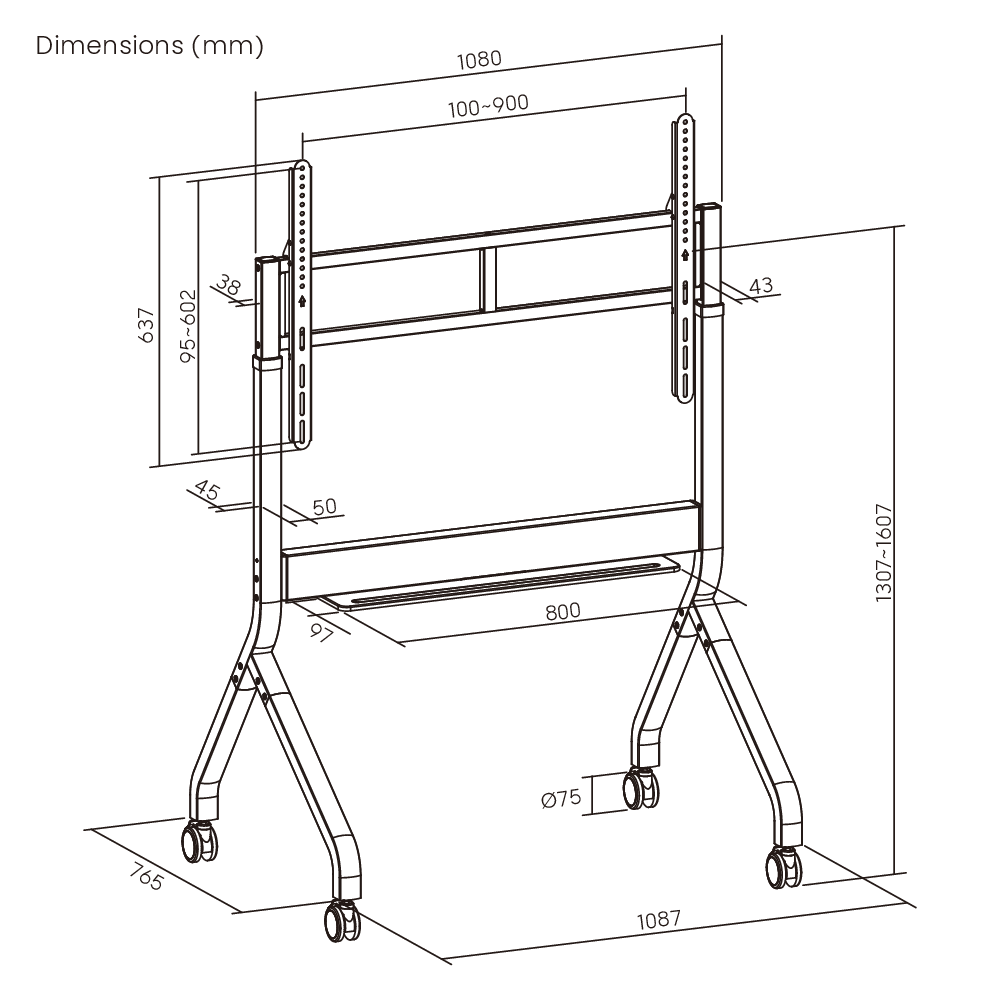 Dimension drawing of the Lumi TTF19S-69FW TV cart showing overall size and mounting dimensions