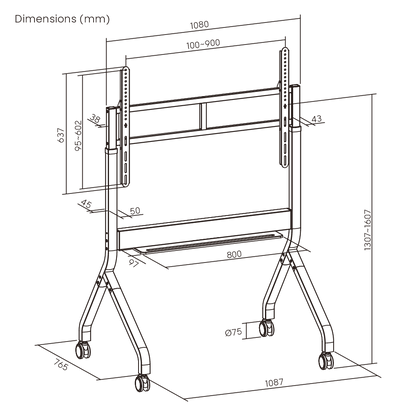 Dimension drawing of the Lumi TTF19S-69FW TV cart showing overall size and mounting dimensions