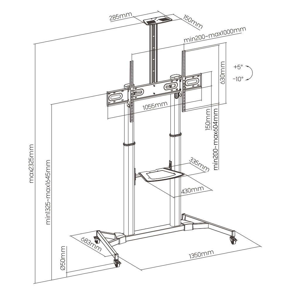 Dimension drawing of the Lumi TTL03-610TW TV cart showing overall size and mounting dimensions