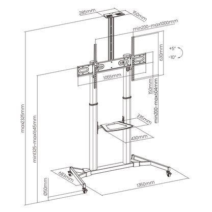 Dimension drawing of the Lumi TTL03-610TW TV cart showing overall size and mounting dimensions