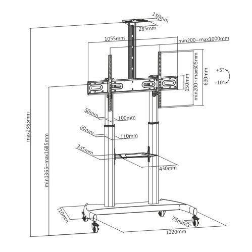 Dimension drawing of the Lumi TTL06-610TW TV cart showing overall size and mounting dimensions