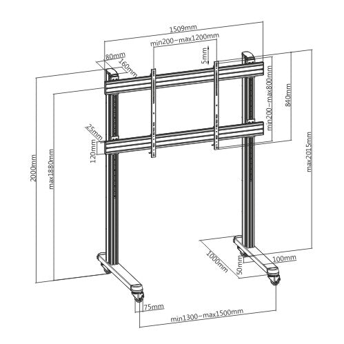 Dimension drawing of the Lumi TTL09-812FW interactive display cart showing overall size and mounting dimensions