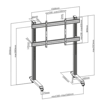 Dimension drawing of the Lumi TTL09-812FW interactive display cart showing overall size and mounting dimensions