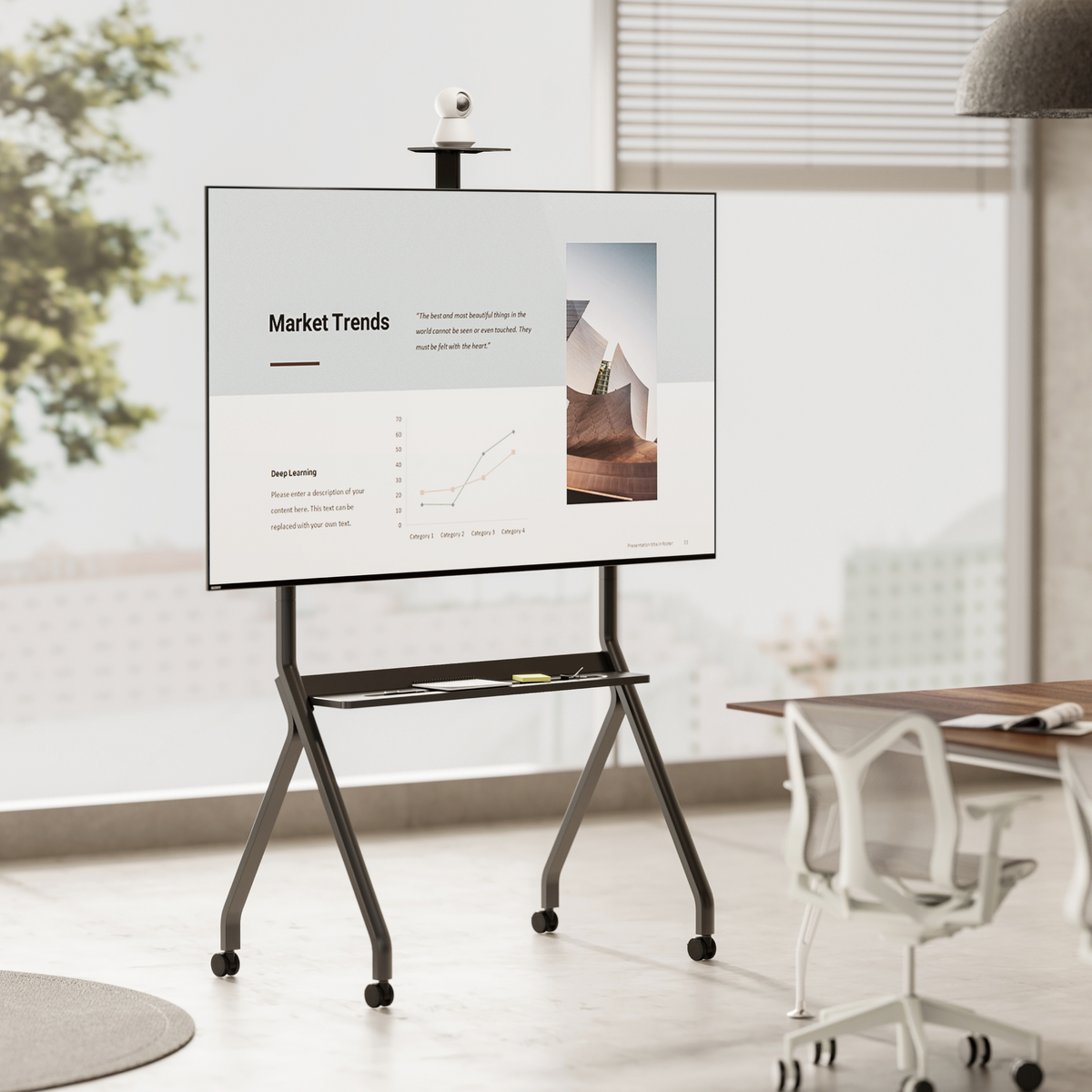 Lumi TTL16-69FW TV cart installed with a TV in a meeting or classroom setting