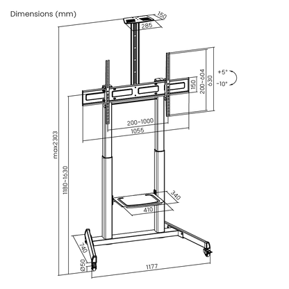 Dimension drawing of the Lumi TTL17H-610TW crank adjustable TV cart showing overall size and mounting dimensions