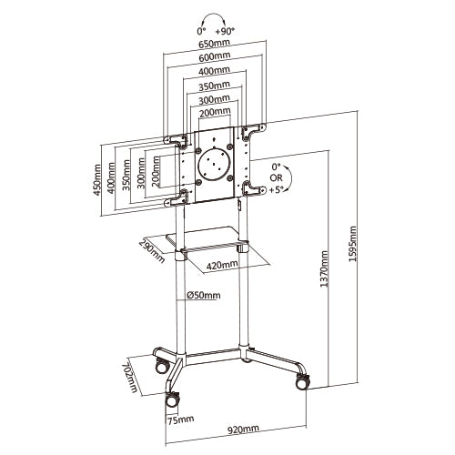 Dimension drawing of the Lumi TTV11-46TW interactive display cart showing overall size and mounting dimensions