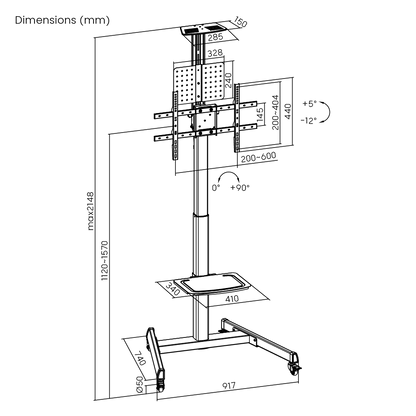 Dimension drawing of the Lumi TTV17H-46TW crank adjustable TV cart showing overall size and mounting dimensions