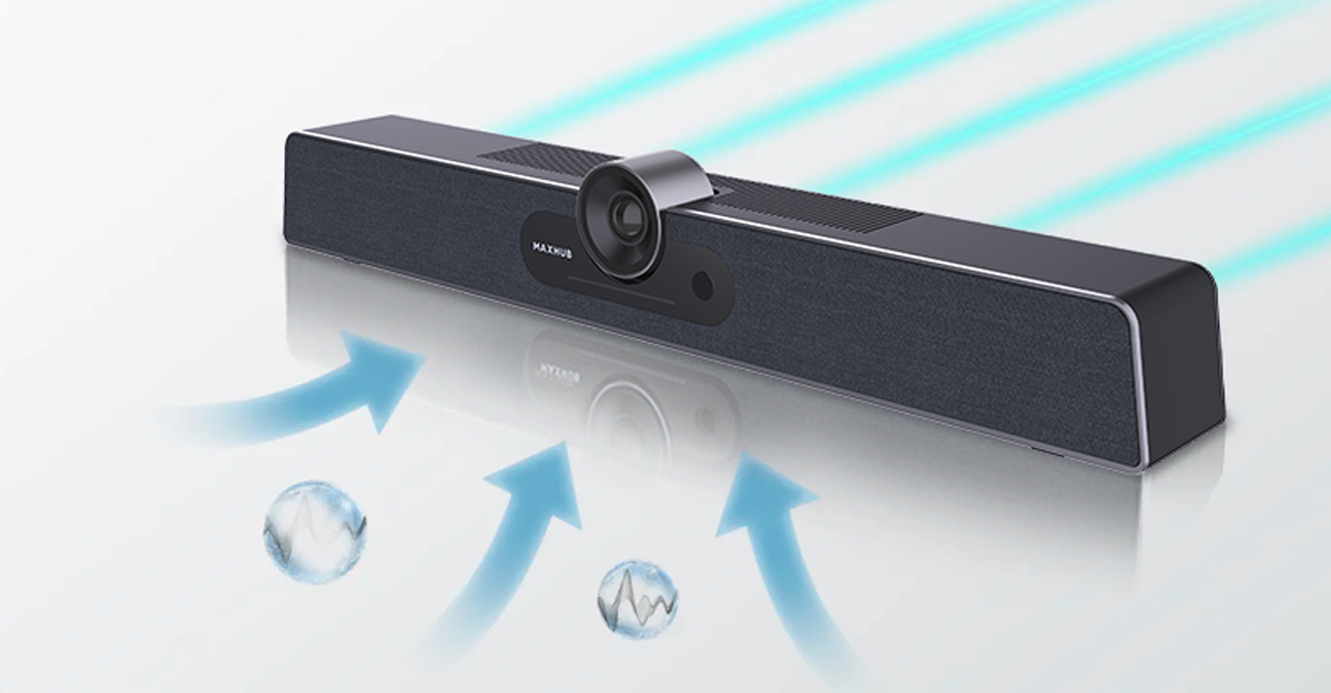 MaxHub UC-S15: All-in-One Android Video Collaboration Bar for Huddle Rooms - front view with feature graphic