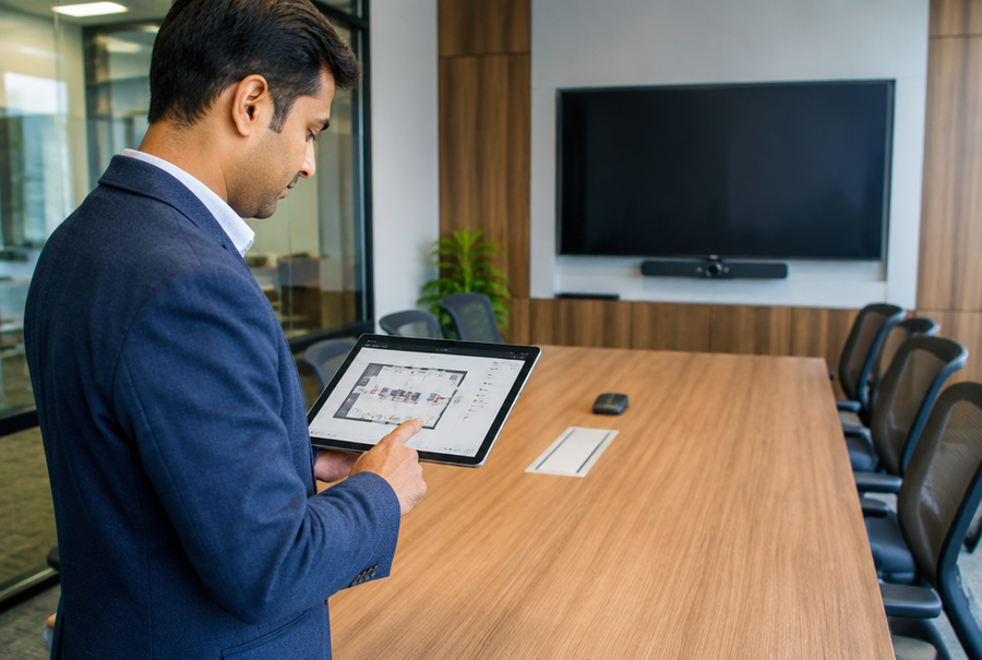 AV consultant planning meeting room camera and microphone coverage layout on a tablet in India