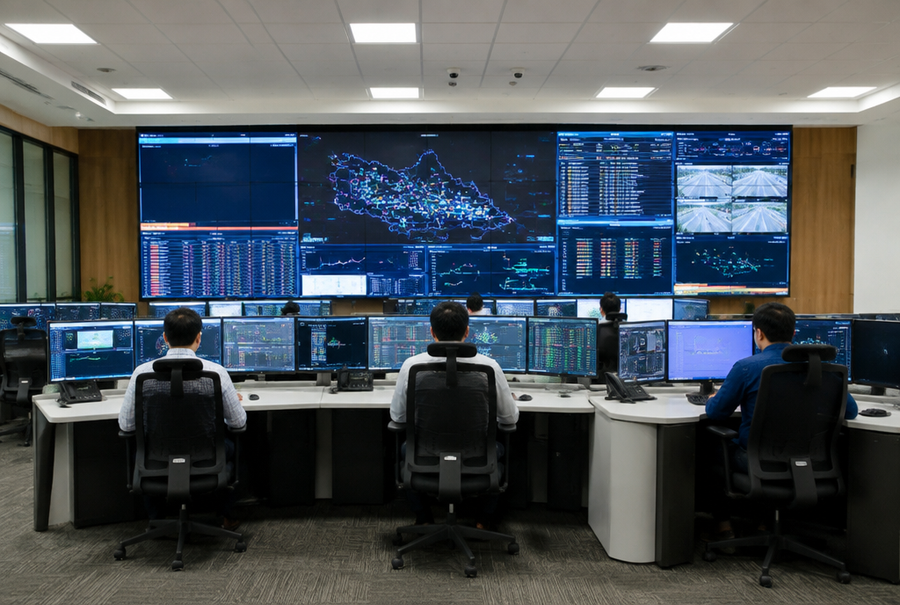 Network Operations Center video wall in India displaying network monitoring dashboards for IT infrastructure