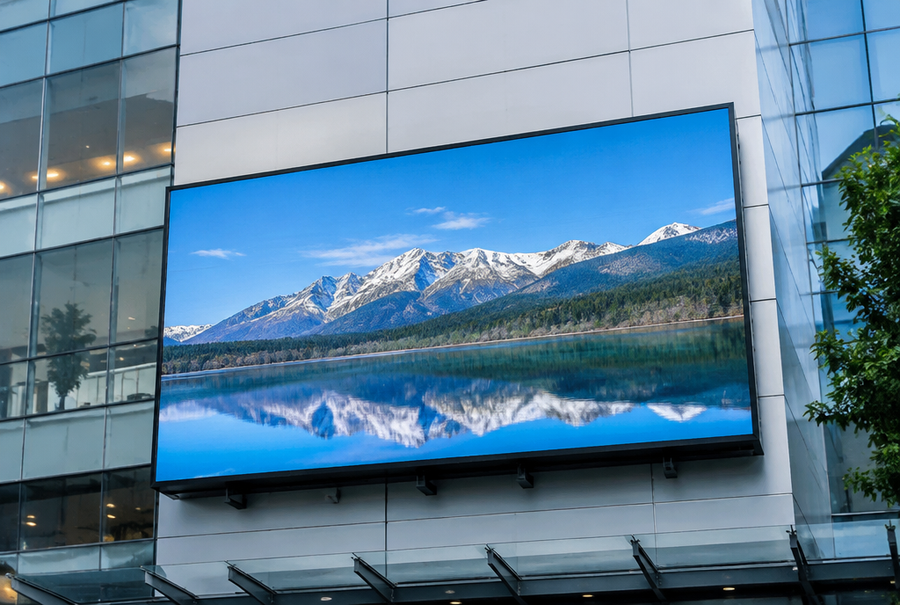 Weatherproof outdoor LED display installed on a building facade in India