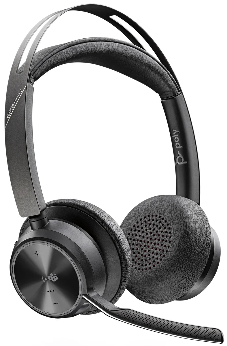 Poly Voyager Focus 2: Wireless Noise-Cancelling Headset with USB-A Adapter - angled view