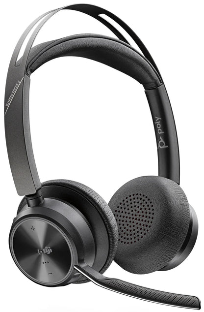 Poly Voyager Focus 2: Wireless Noise-Cancelling Headset with USB-A Adapter - angled view