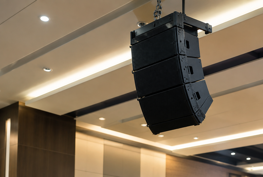 Professional audio integration in India showing a speaker system in a modern commercial venue