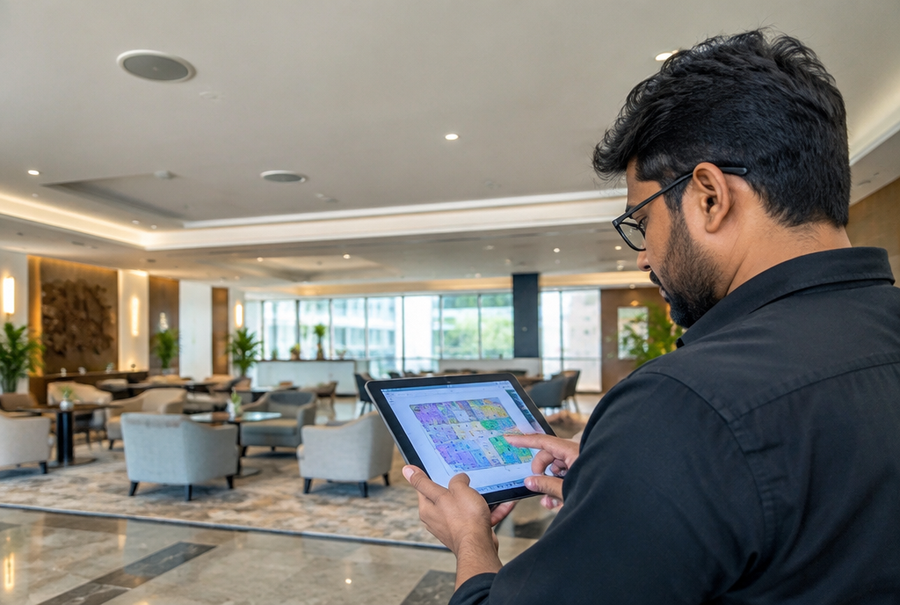 Audio engineer planning speaker coverage and zone layout on a tablet for a commercial space in India