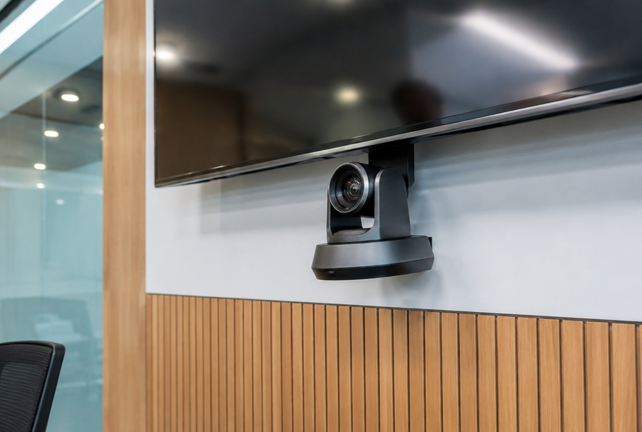 PTZ camera system in India mounted in a meeting room for pan-tilt-zoom video conferencing