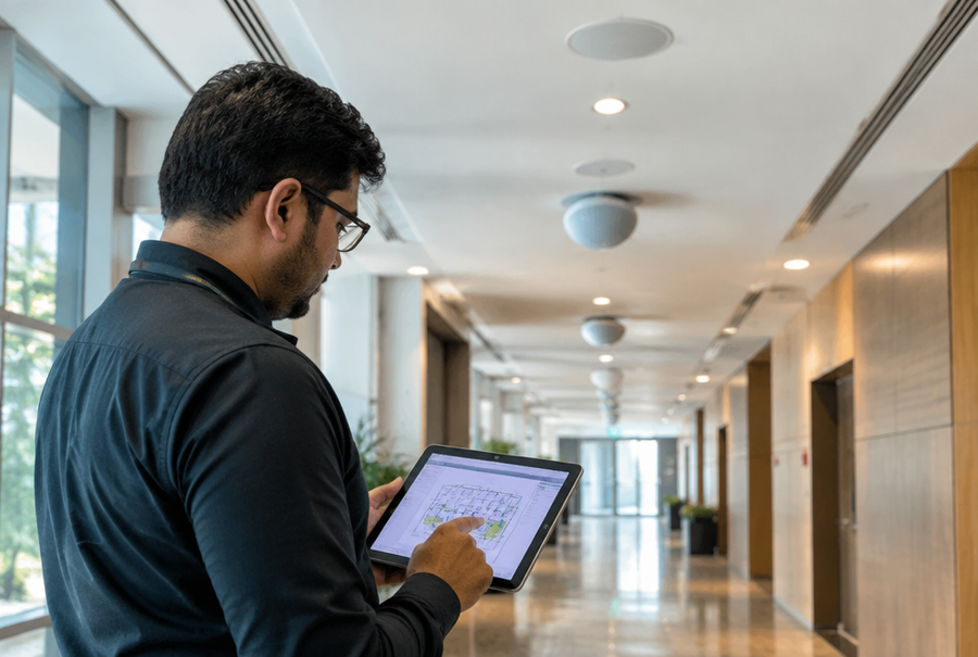 AV engineer planning a public address system zone and speaker layout on a tablet for a facility in India