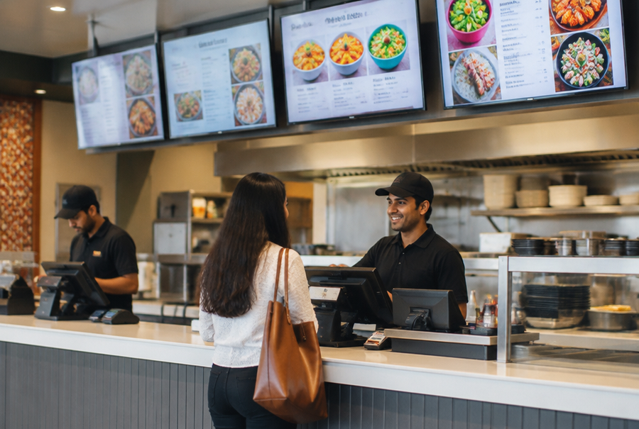 Quick-service restaurant digital signage display in India showing a modern ordering counter setup