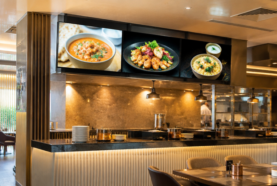 Restaurant digital menu board in India mounted above a hotel dining counter