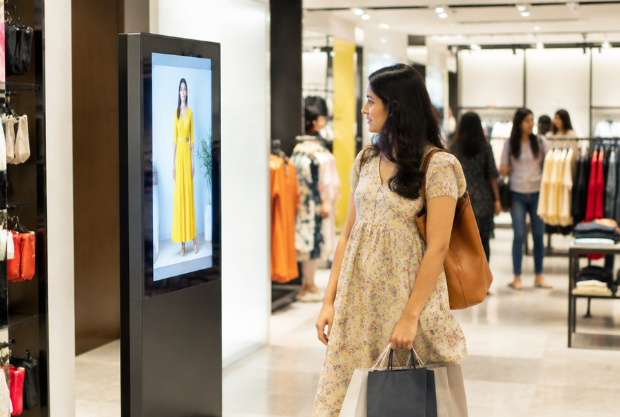 Freestanding retail kiosk display in India used for self-service shopping assistance