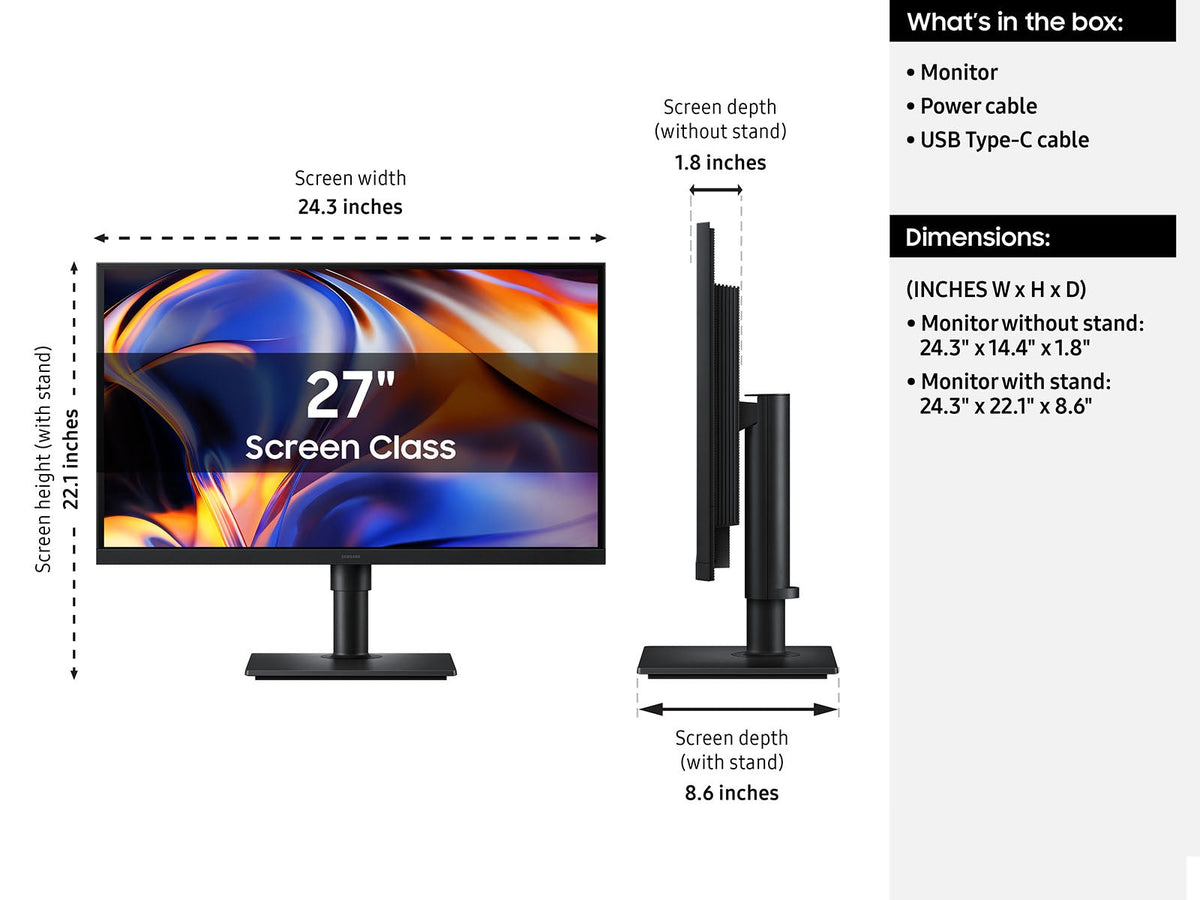 Samsung ViewFinity S80HF: 27 Inch 5K Business Monitor - dimensions and package contents diagram