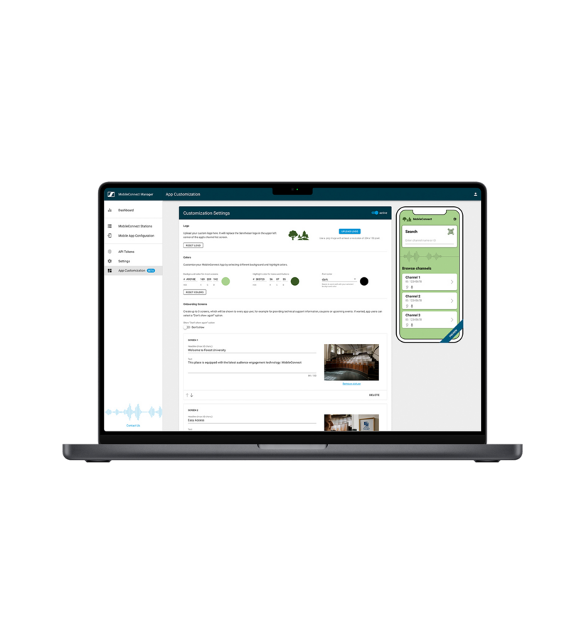 Sennheiser MobileConnect Manager software for managing MobileConnect audio streaming - front view