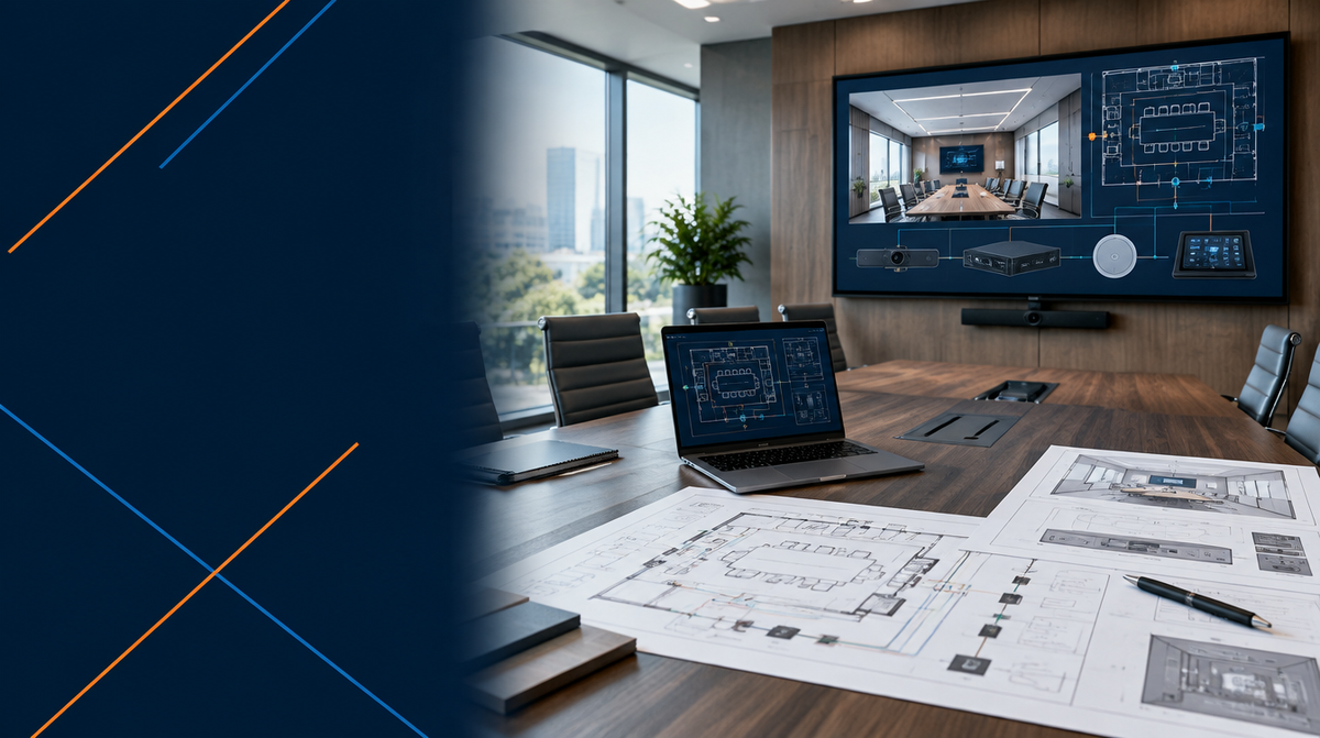 AV Consultancy Services in India hero banner featuring AV system design blueprints, floor plans and equipment layout planning on a conference table