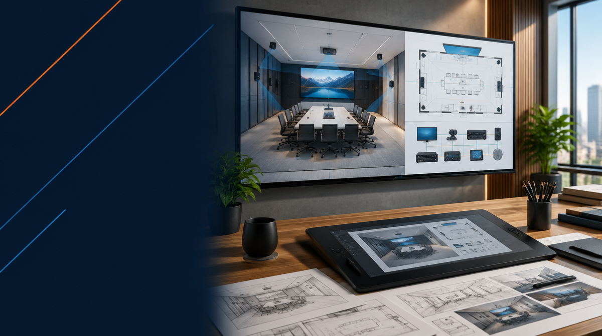 AV Design Services in India hero banner featuring a large digital display showing a 3D AV system design render and floor plan with equipment layout annotations, next to a designer's desk with a drawing tablet and reference sketches