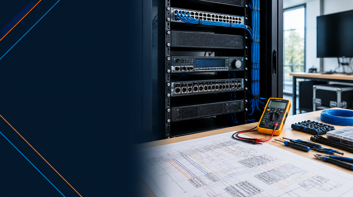 AV Engineering Services in India hero banner featuring a professional AV equipment rack mid-assembly with precision tools, a multimeter, and engineering wiring diagrams laid out on a nearby table