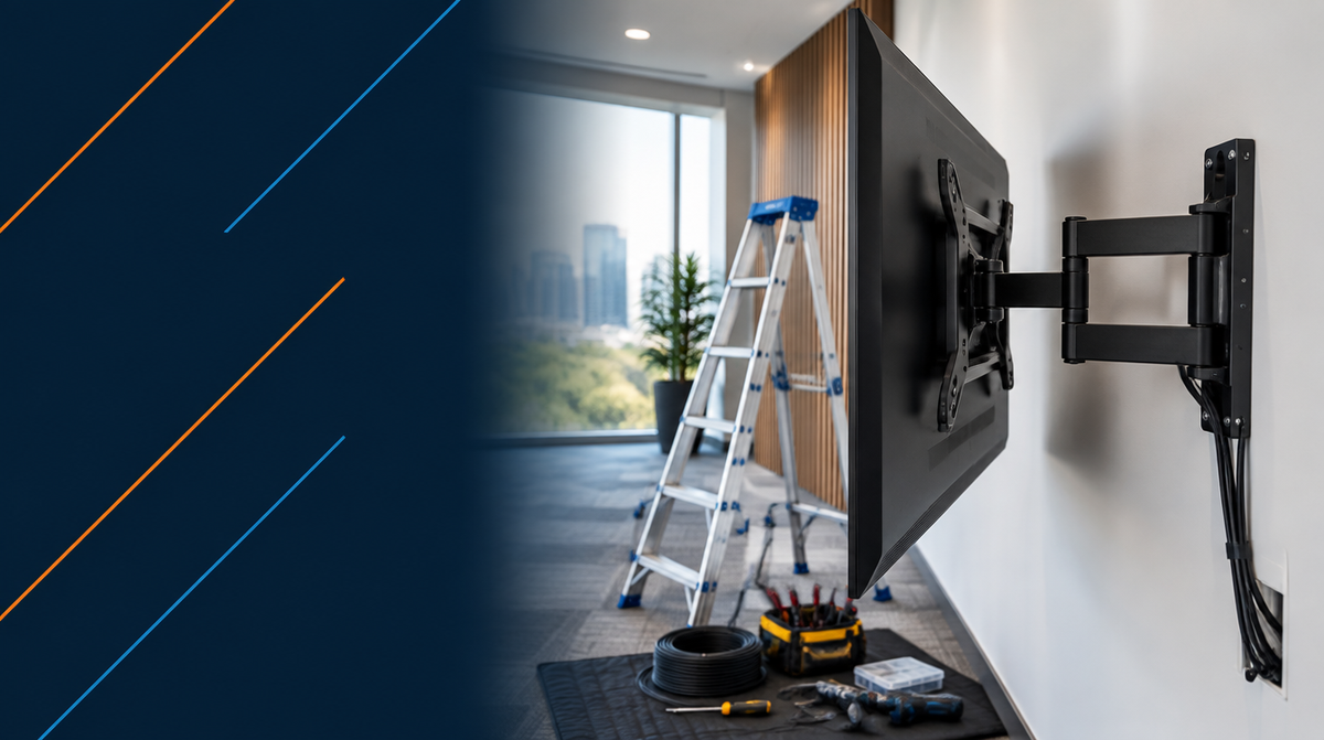 AV Installation Services in India hero banner featuring a large commercial display being mounted on a wall with a professional articulating mount bracket, an extension ladder and cable-running tools visible nearby