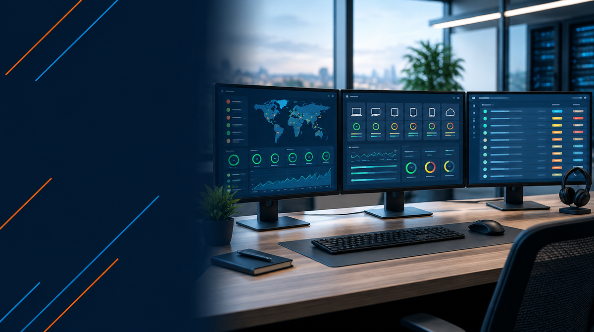 AV Support Services Across India hero banner featuring a modern remote support desk with multiple monitors displaying system status dashboards, device health indicators and a support ticket queue interface