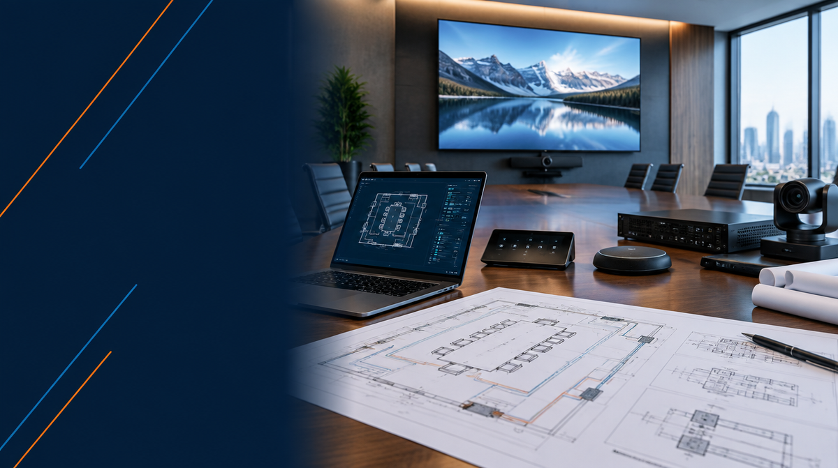 AV Services: Design, Installation and Support in India hero banner featuring a composed overview of professional AV services: system design blueprints, a laptop, and installed equipment together on a modern conference table, representing end-to-en...