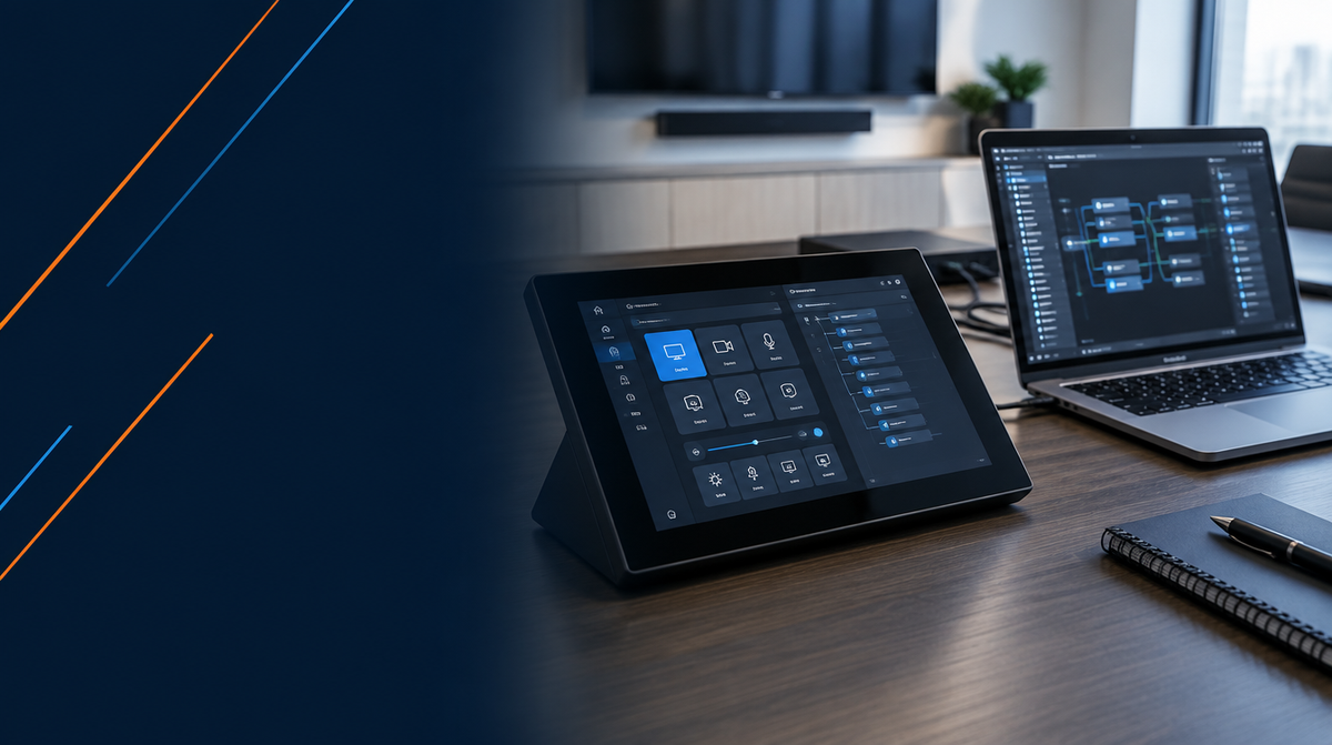 AV Programming and Configuration Services hero banner featuring a sleek touch control panel showing a custom AV control interface being configured, connected to a laptop running programming software on a nearby desk