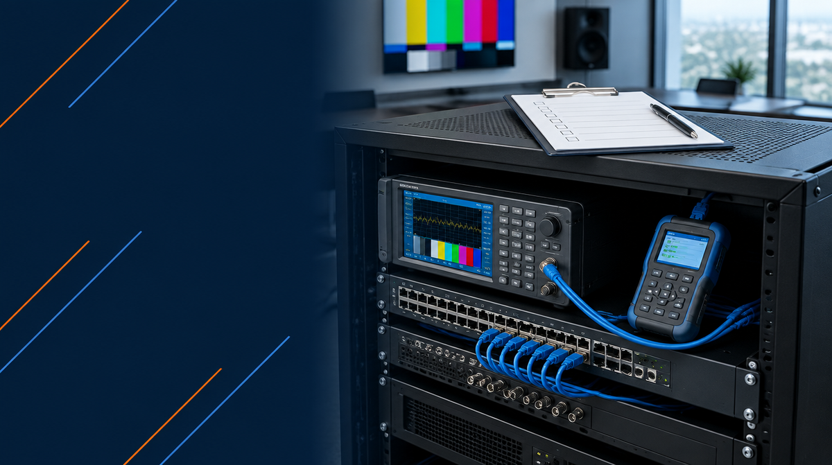 AV Testing and Commissioning Services hero banner featuring a professional AV equipment rack with signal test equipment and a cable tester connected, a commissioning checklist on a clipboard resting on top of the rack