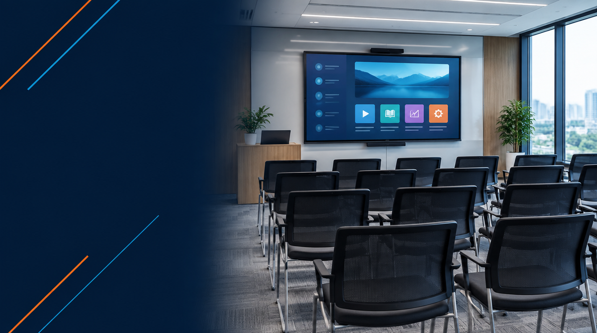 AV Training Services for Teams in India hero banner featuring a modern training room with a large interactive display showing a training interface, rows of empty chairs facing the screen