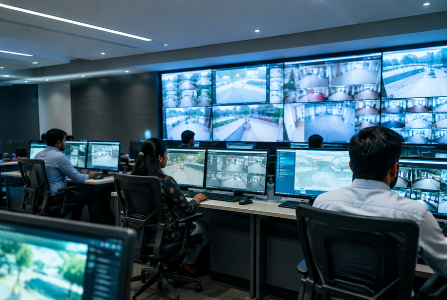 Security Operations Center video wall in India displaying security camera feeds for continuous monitoring