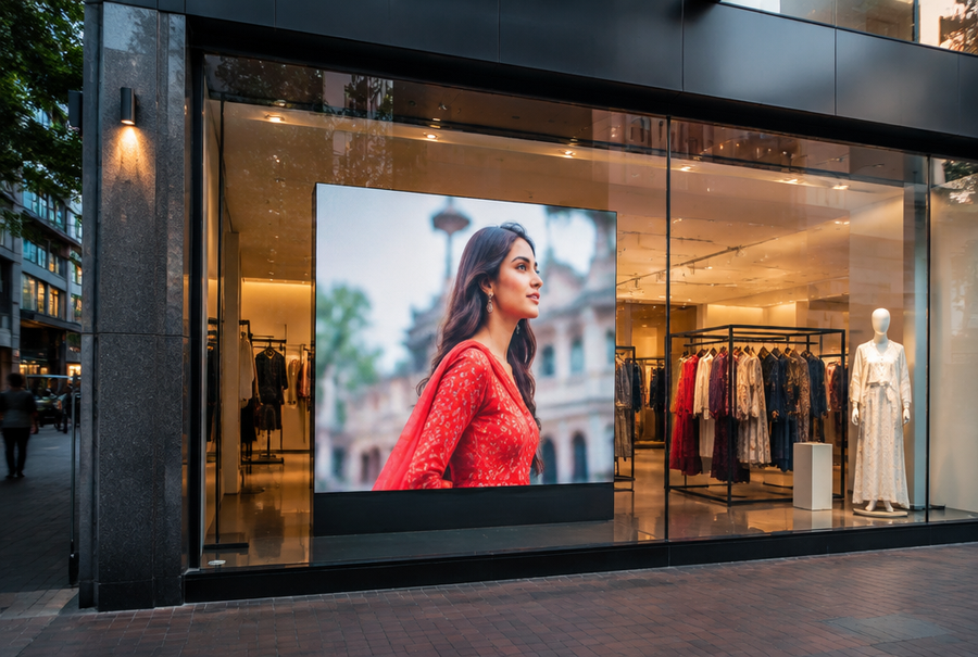 Storefront LED display in India installed in a shop window to attract passing customers