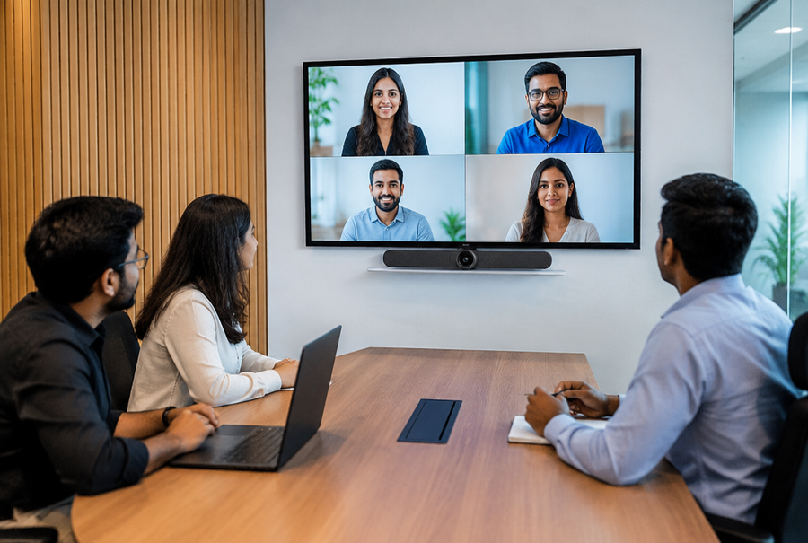 Meeting room in India equipped with an all-in-one video bar for simple video conferencing