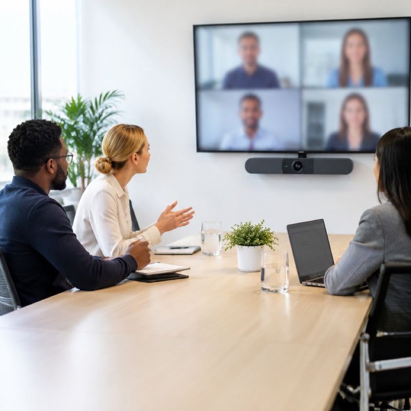 All-in-one video conferencing bar below a wall display in a meeting room, supplied by Corporate AV in India